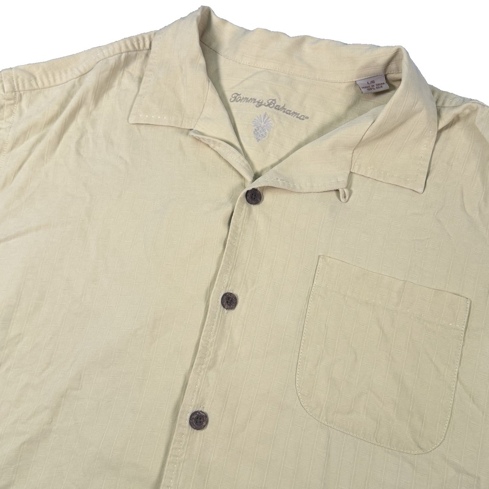 Tommy Bahama Button Down Mens Large Tan Textured Stripe 100% Silk Resort Beach